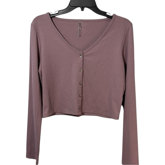 Calvin Klein Performance Top Purple V-Neck Button Ribbed L Sleeve Crop Sz XL NWT - Picture 1 of 15